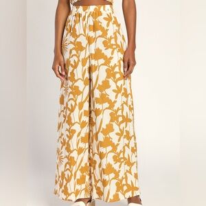 Lulus Match the Vibe Ivory and Yellow Floral Print Wide Leg Pants